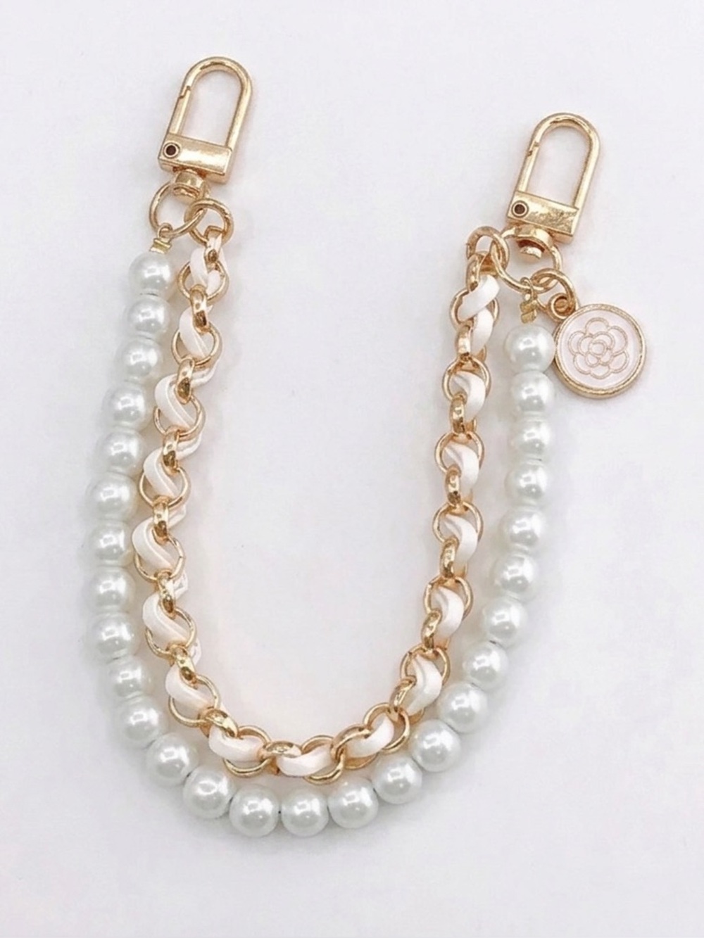 White Pearl Purse Strap Extender Dual Layer Gold Interwoven Chain Charm NWT